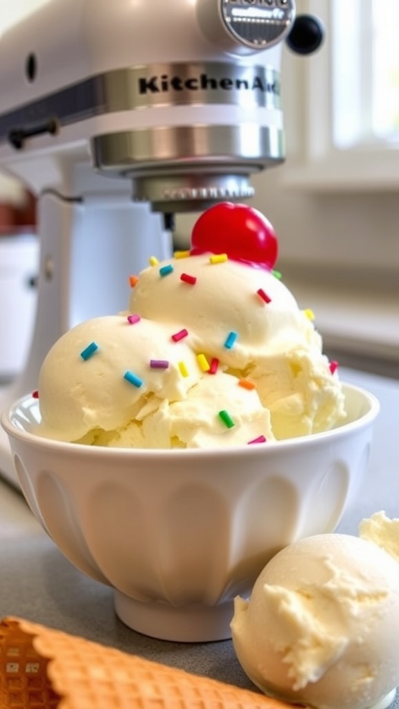 Homemade Ice Cream Recipes for KitchenAid Mixer A bowl of homemade ice cream with sprinkles and a cherry, alongside a waffle cone, in a bright kitchen.